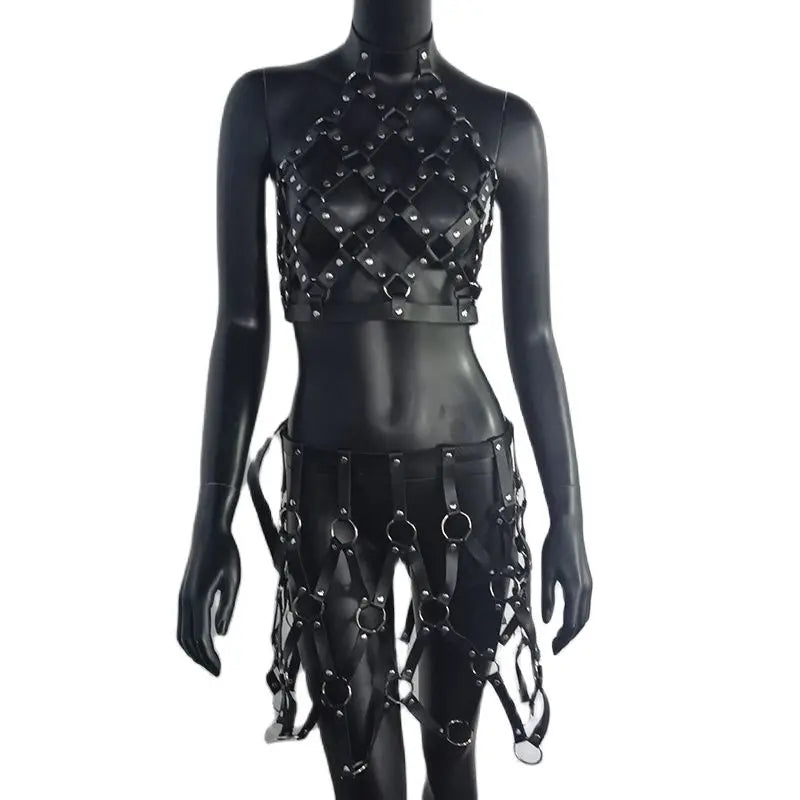 AKYZO Women Body Harness PU Leather 2 Piece Set Black Camis Punk Adjustable Garter Belt Hollow Out Weaved Belt Backless Skirts