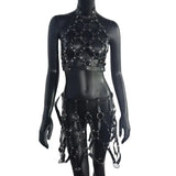 AKYZO Women Body Harness PU Leather 2 Piece Set Black Camis Punk Adjustable Garter Belt Hollow Out Weaved Belt Backless Skirts