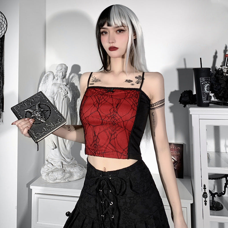 Combhasaki Summer Women's Sexy Gothic Halloween Backless Camisole Spider Web Lace Edge Back Zipper Sleeveless Slim Fit Tops
