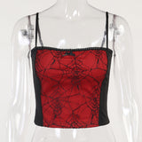 Combhasaki Summer Women's Sexy Gothic Halloween Backless Camisole Spider Web Lace Edge Back Zipper Sleeveless Slim Fit Tops