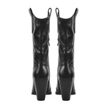 Onlymaker Women Pointed Toe Mid-Calf Boot Matte Black Sewing Embroidered Thick Heels Zipper Winter  Big Size Cowboy Boots