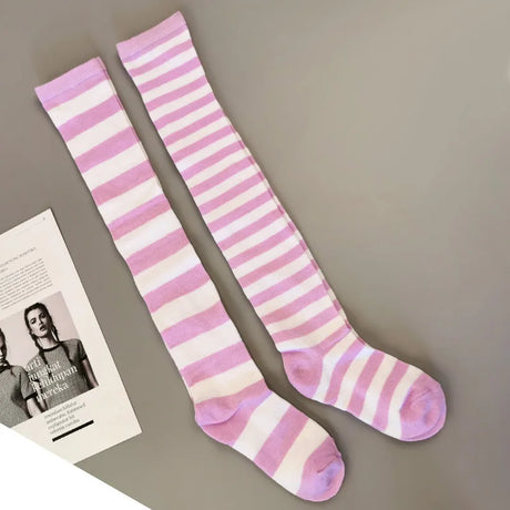 Thigh High Stockings Womens Striped Ladies Girls Black White Pink Long Over Above Knee Socks Femboy Cosplay Lolita Harajuku Y2k