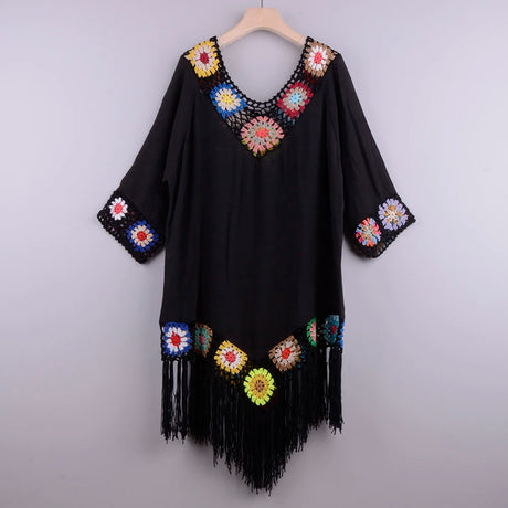 CROCHET BIKINI White Bikini Cover Up With Fringe Trim Women Sexy Hollow Tunic Beach Dress Summer Bathing Suit Beachwear