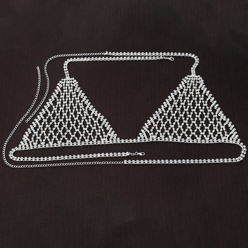 Stonefans Boho Rhinestone Grid Chest Chain and Thong Jewellery Lingerie Panties Women's Harness Bra Sexy Mesh Bodies Accessories
