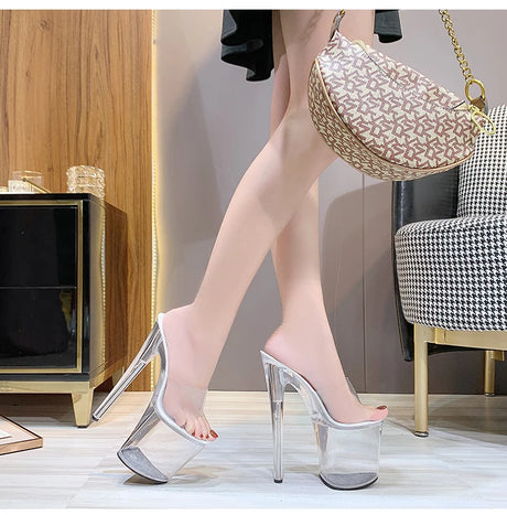 New Sexy Versatile Fashion Women's Shoes 15cm Thin Heel Transparent Catwalk High Heels Crystal Sandals Model Performance Shoes