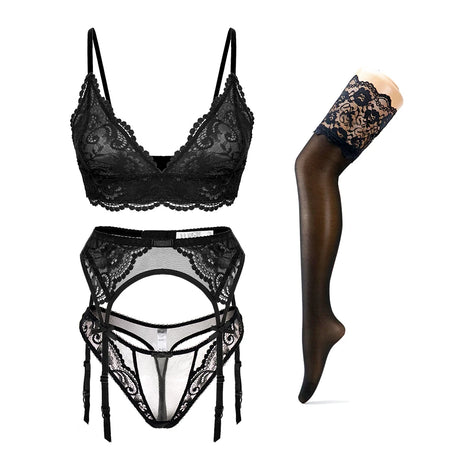 Varsbaby 4pcs/set Women's Underwear Set Lace Sexy Lingerie Set Wireless Deep V Bra Sexy Bra G-string Garter And Stockings Set