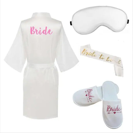 4pc set of bride robe eyemask slippers sash bridesmaid kimono wedding bridal party Bachelorette bathrobe getting ready robes