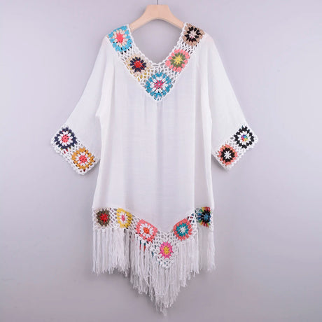 CROCHET BIKINI White Bikini Cover Up With Fringe Trim Women Sexy Hollow Tunic Beach Dress Summer Bathing Suit Beachwear