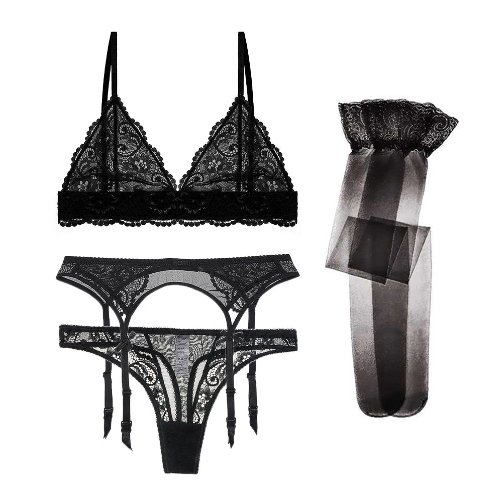 Varsbaby 4pcs/set Women's Underwear Set Lace Sexy Lingerie Set Wireless Deep V Bra Sexy Bra G-string Garter And Stockings Set