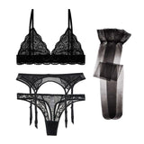 Varsbaby 4pcs/set Women's Underwear Set Lace Sexy Lingerie Set Wireless Deep V Bra Sexy Bra G-string Garter And Stockings Set