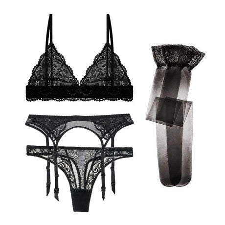 Varsbaby 4pcs/set Women's Underwear Set Lace Sexy Lingerie Set Wireless Deep V Bra Sexy Bra G-string Garter And Stockings Set