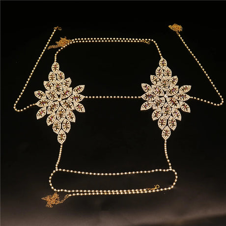 Fashion Sexy Body Jewelry Set Rhinestone Chain Bra and Thong Glisten Harness Set Chest Chain and Panties Flower Lingerie Chain