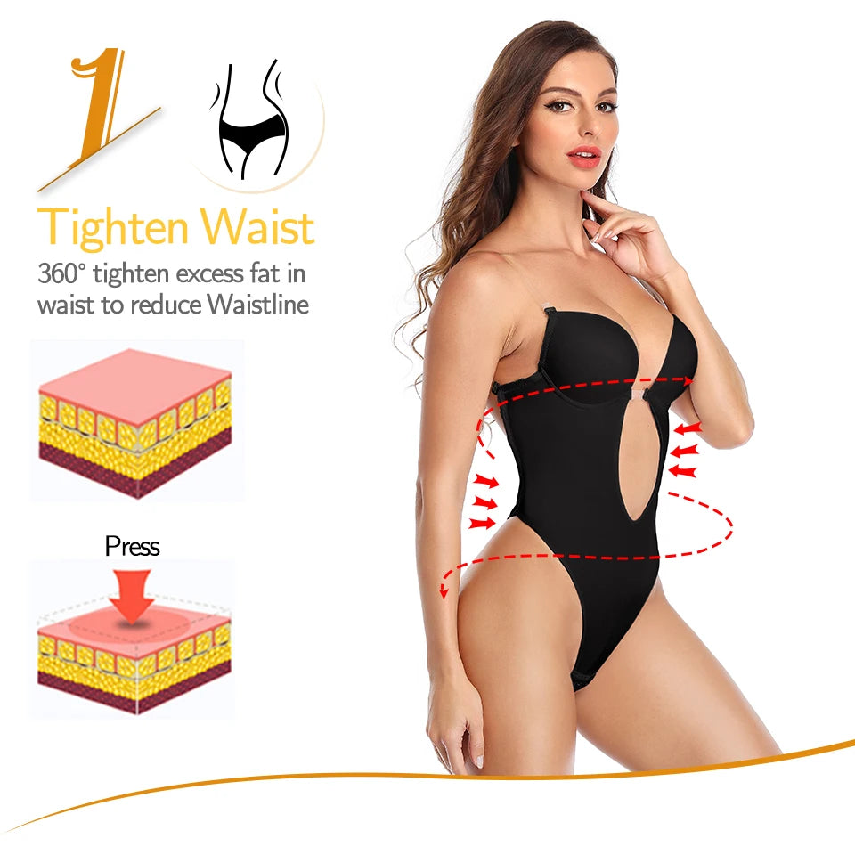 Backless Bodysuit Shapewear for Women Built-in Bra Multiple straps Thongs Body Shaper U Plunge Seam-free Faja with Open Crotch