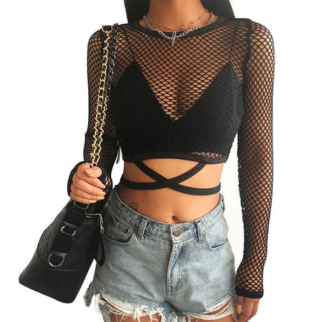 BKLD Women T-Shirt Solid Mesh Top Sexy Black Long Sleeve Top Perspective Mesh Fishnet Crop Tops T-Shirt Women Summer Streetwear