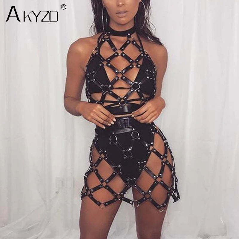 AKYZO Women Body Harness PU Leather 2 Piece Set Black Camis Punk Adjustable Garter Belt Hollow Out Weaved Belt Backless Skirts