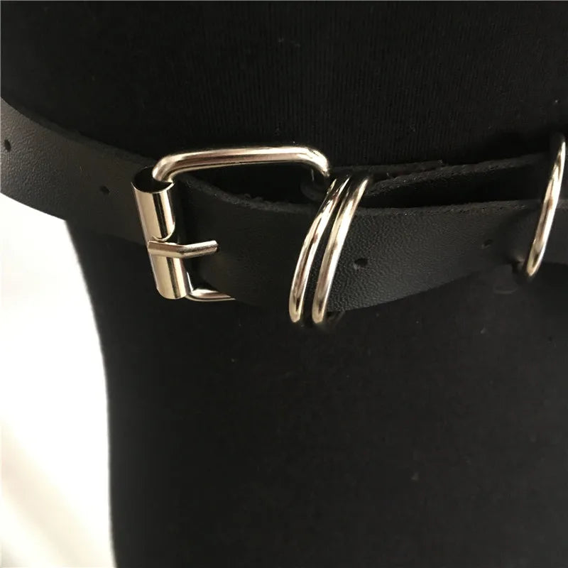 AKYZO Women Body Harness PU Leather 2 Piece Set Black Camis Punk Adjustable Garter Belt Hollow Out Weaved Belt Backless Skirts