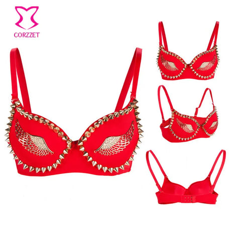 Exotic Lingerie Black Cotton Gold Stud Rivet Spike/Wings Women Sexy Brassiere Nightclub Steampunk Belly Dance Push Up Bra Top