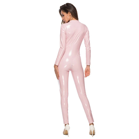 Sexy Hot Women Faux Leather Catsuit PVC Latex Bodysuit Front Zipper Open Crotch Jumpsuits Stretch Bodystocking Erotic Costumes