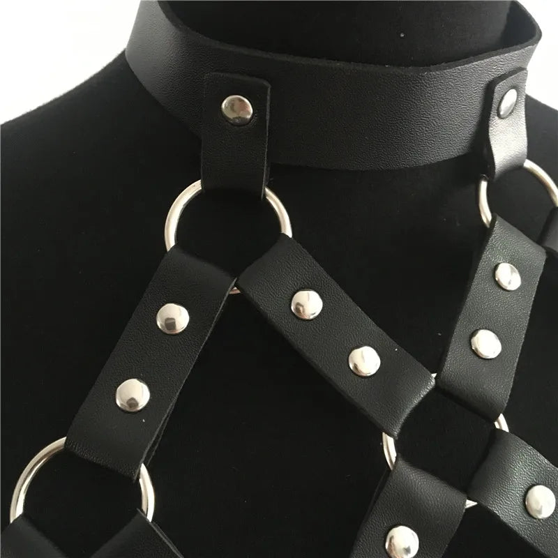 AKYZO Women Body Harness PU Leather 2 Piece Set Black Camis Punk Adjustable Garter Belt Hollow Out Weaved Belt Backless Skirts