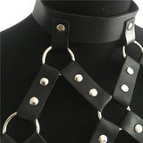 AKYZO Women Body Harness PU Leather 2 Piece Set Black Camis Punk Adjustable Garter Belt Hollow Out Weaved Belt Backless Skirts
