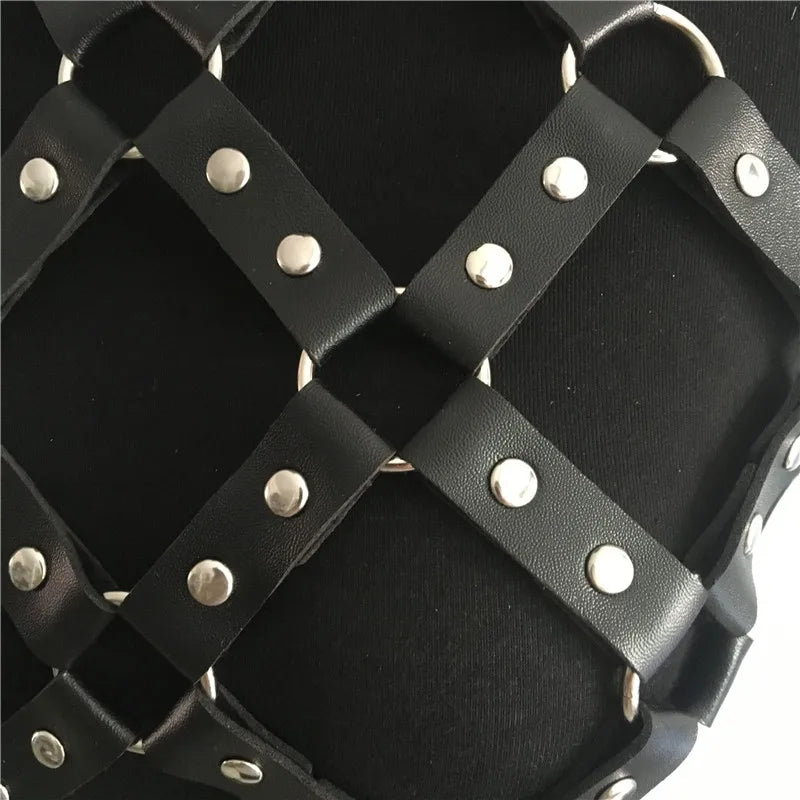 AKYZO Women Body Harness PU Leather 2 Piece Set Black Camis Punk Adjustable Garter Belt Hollow Out Weaved Belt Backless Skirts