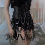 AKYZO Women Body Harness PU Leather 2 Piece Set Black Camis Punk Adjustable Garter Belt Hollow Out Weaved Belt Backless Skirts