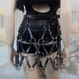 AKYZO Women Body Harness PU Leather 2 Piece Set Black Camis Punk Adjustable Garter Belt Hollow Out Weaved Belt Backless Skirts