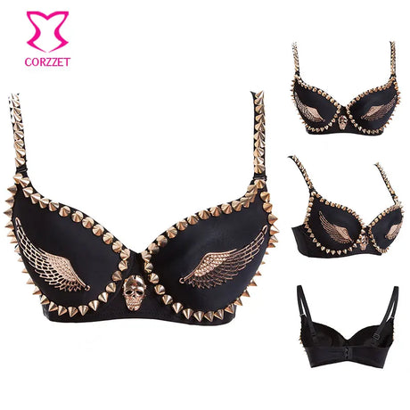 Exotic Lingerie Black Cotton Gold Stud Rivet Spike/Wings Women Sexy Brassiere Nightclub Steampunk Belly Dance Push Up Bra Top