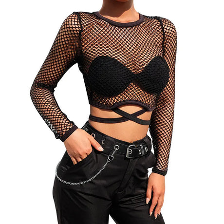 BKLD Women T-Shirt Solid Mesh Top Sexy Black Long Sleeve Top Perspective Mesh Fishnet Crop Tops T-Shirt Women Summer Streetwear