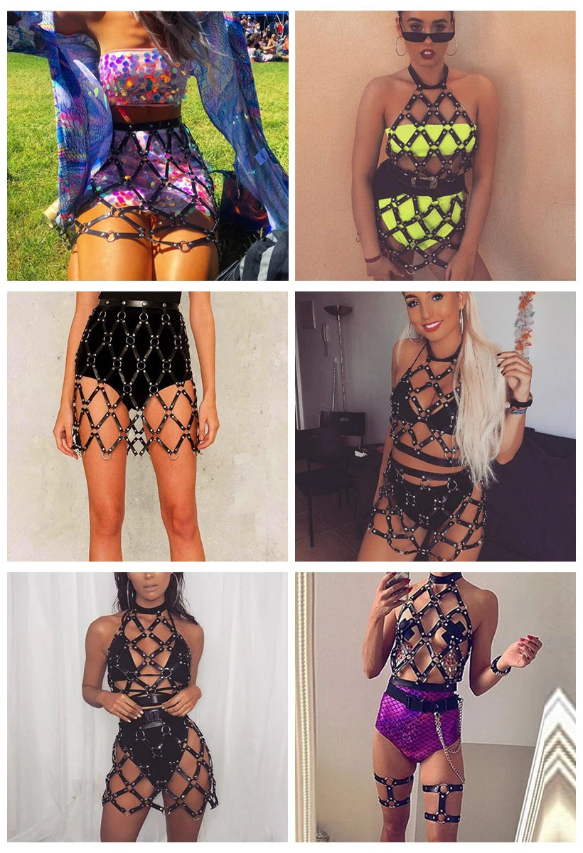 AKYZO Women Body Harness PU Leather 2 Piece Set Black Camis Punk Adjustable Garter Belt Hollow Out Weaved Belt Backless Skirts