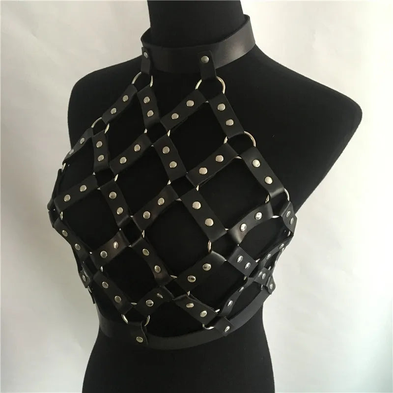 AKYZO Women Body Harness PU Leather 2 Piece Set Black Camis Punk Adjustable Garter Belt Hollow Out Weaved Belt Backless Skirts