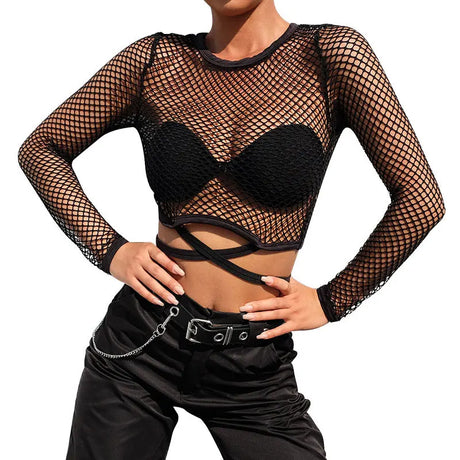 BKLD Women T-Shirt Solid Mesh Top Sexy Black Long Sleeve Top Perspective Mesh Fishnet Crop Tops T-Shirt Women Summer Streetwear