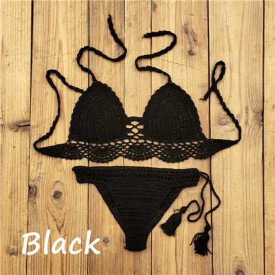 10 Color Hand Crochet Women Swimwear Sexy Crop Top Push up Bikini Set Beach Swimsuit Suit tassel Swim shorts