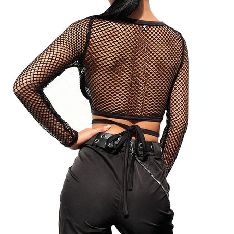 BKLD Women T-Shirt Solid Mesh Top Sexy Black Long Sleeve Top Perspective Mesh Fishnet Crop Tops T-Shirt Women Summer Streetwear
