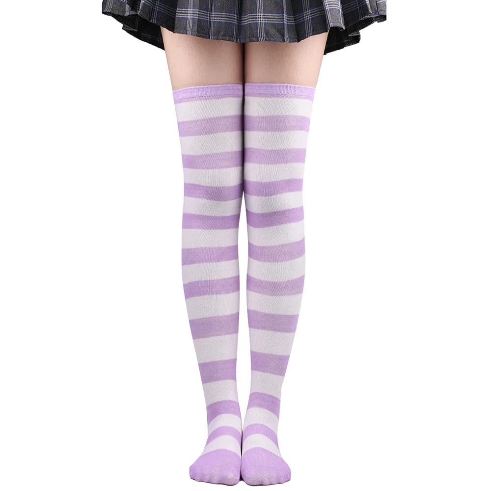 Thigh High Stockings Womens Striped Ladies Girls Black White Pink Long Over Above Knee Socks Femboy Cosplay Lolita Harajuku Y2k