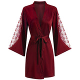 Women Sexy Robe Set Sleepwear Faux Silk Kimono Gown Lacee Lingerie Nightdress Soft Perspective Bridal Wedding Gift