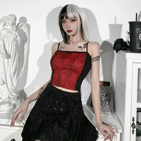 Combhasaki Summer Women's Sexy Gothic Halloween Backless Camisole Spider Web Lace Edge Back Zipper Sleeveless Slim Fit Tops