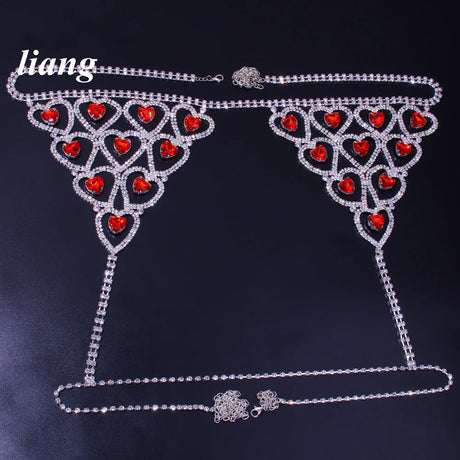 Sexy Bikini Crystal Body Chain Love Type Bra Chain Three-point Thong Underwear Tassel European And American Fashion Nightclub