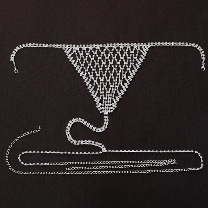 Stonefans Boho Rhinestone Grid Chest Chain and Thong Jewellery Lingerie Panties Women's Harness Bra Sexy Mesh Bodies Accessories