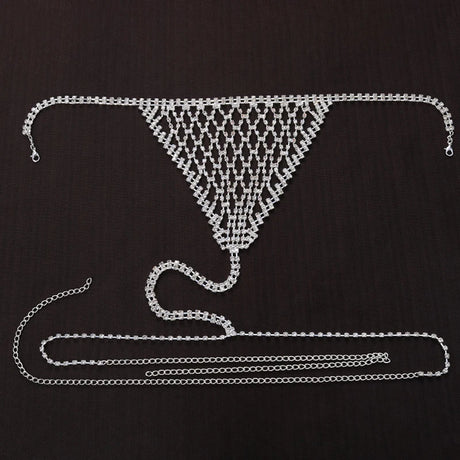 Stonefans Boho Rhinestone Grid Chest Chain and Thong Jewellery Lingerie Panties Women's Harness Bra Sexy Mesh Bodies Accessories
