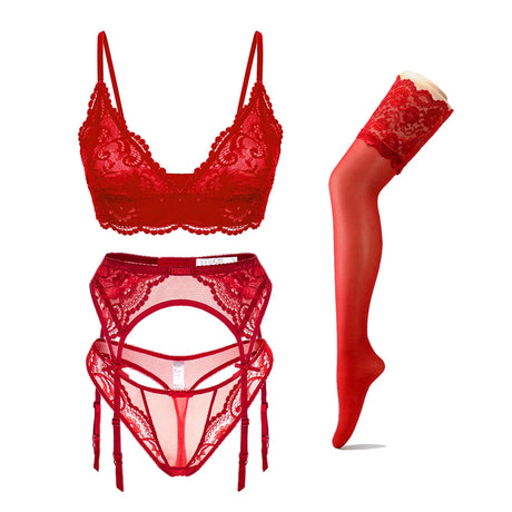 Varsbaby 4pcs/set Women's Underwear Set Lace Sexy Lingerie Set Wireless Deep V Bra Sexy Bra G-string Garter And Stockings Set