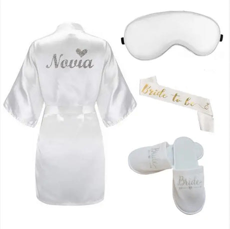 4pc set of bride robe eyemask slippers sash bridesmaid kimono wedding bridal party Bachelorette bathrobe getting ready robes