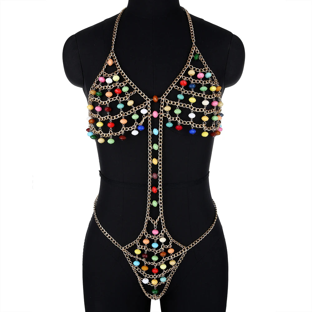 Sexy Women Siamese Bikini Body Chain New Fashion Nightclub Backless Multicolor Beads Hollowout Halter Bra Chain Jewelry