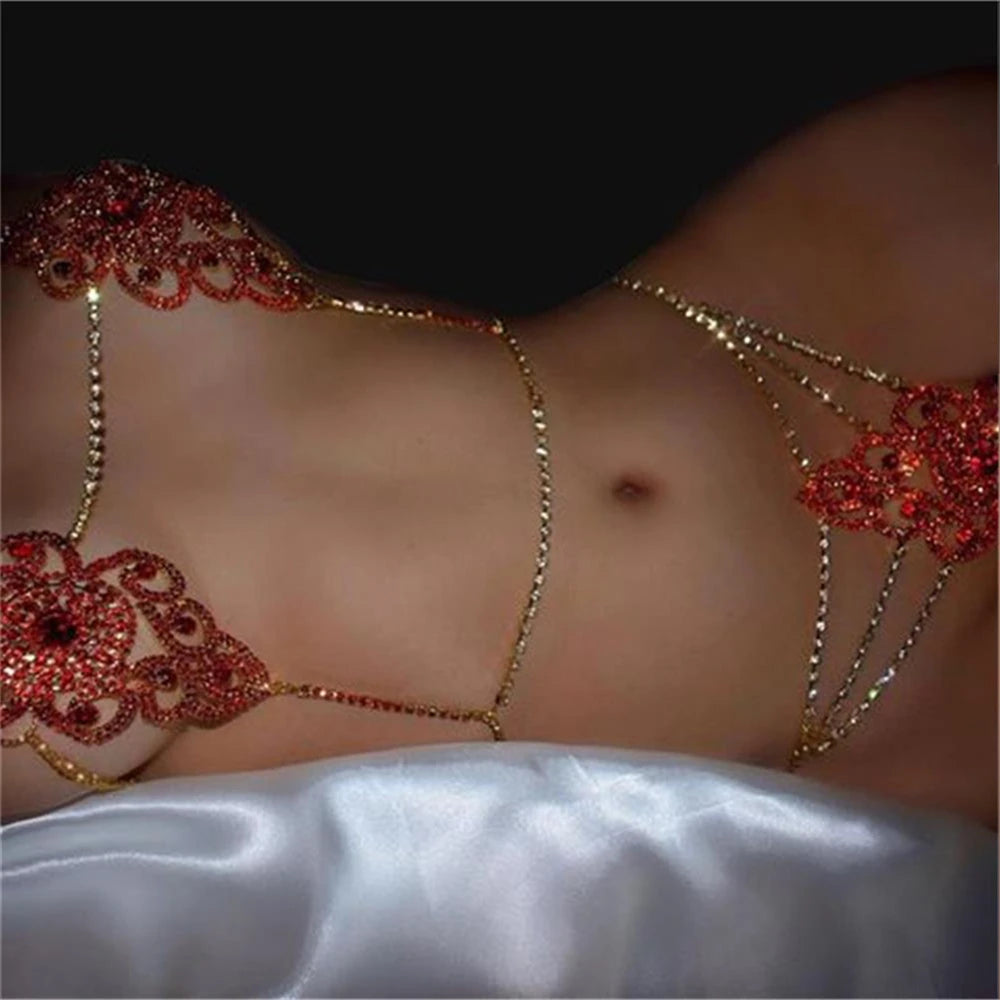 Sexy Crystal Body Harness Chain Bra and Thong Jewelry for Women Fashion Bling Rhinestone Bikini Set Underwear Body Jewelry