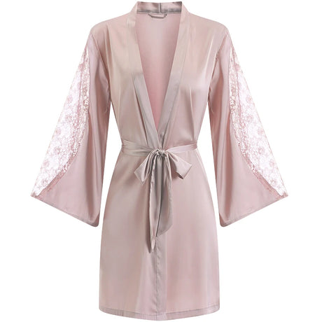 Women Sexy Robe Set Sleepwear Faux Silk Kimono Gown Lacee Lingerie Nightdress Soft Perspective Bridal Wedding Gift