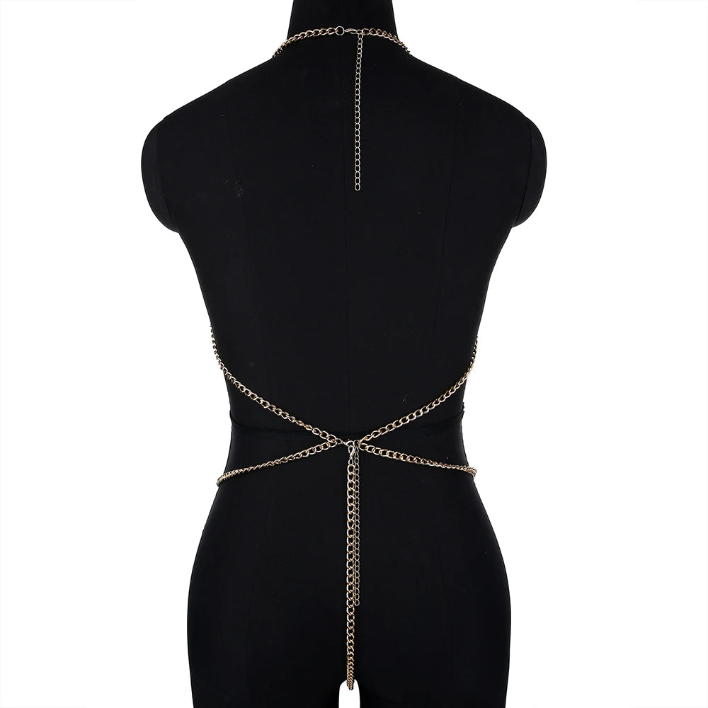 Sexy Women Siamese Bikini Body Chain New Fashion Nightclub Backless Multicolor Beads Hollowout Halter Bra Chain Jewelry