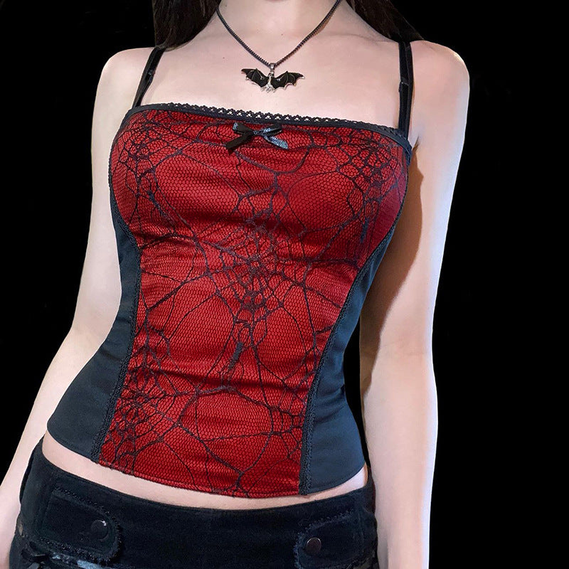 Combhasaki Summer Women's Sexy Gothic Halloween Backless Camisole Spider Web Lace Edge Back Zipper Sleeveless Slim Fit Tops