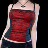 Combhasaki Summer Women's Sexy Gothic Halloween Backless Camisole Spider Web Lace Edge Back Zipper Sleeveless Slim Fit Tops