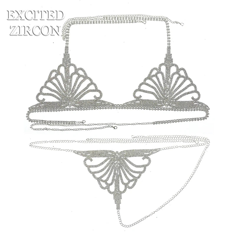 Sexy Crystal Body Harness Chain Bra and Thong Jewelry for Women Fashion Bling Rhinestone Bikini Set Underwear Body Jewelry