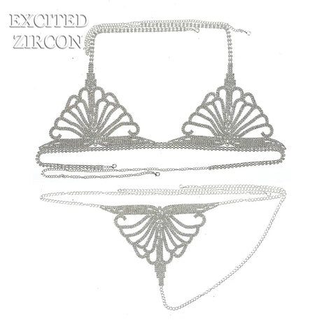 Sexy Crystal Body Harness Chain Bra and Thong Jewelry for Women Fashion Bling Rhinestone Bikini Set Underwear Body Jewelry